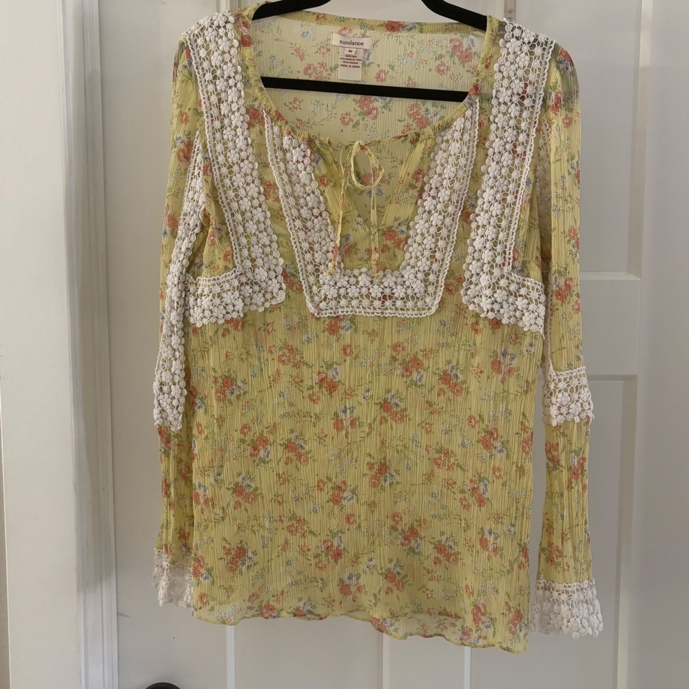 Sundance Yellow Floral 100% Silk Lace Trim Long Sleeve Boho Peasant Blouse Top M